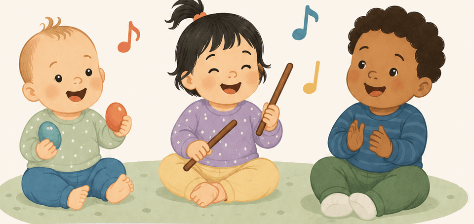 Three young children playing musical instruments together